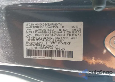 2023 Honda Odyssey Ex-L z USA, uszkodzony, nr VIN 5FNRL6H6XPB058364